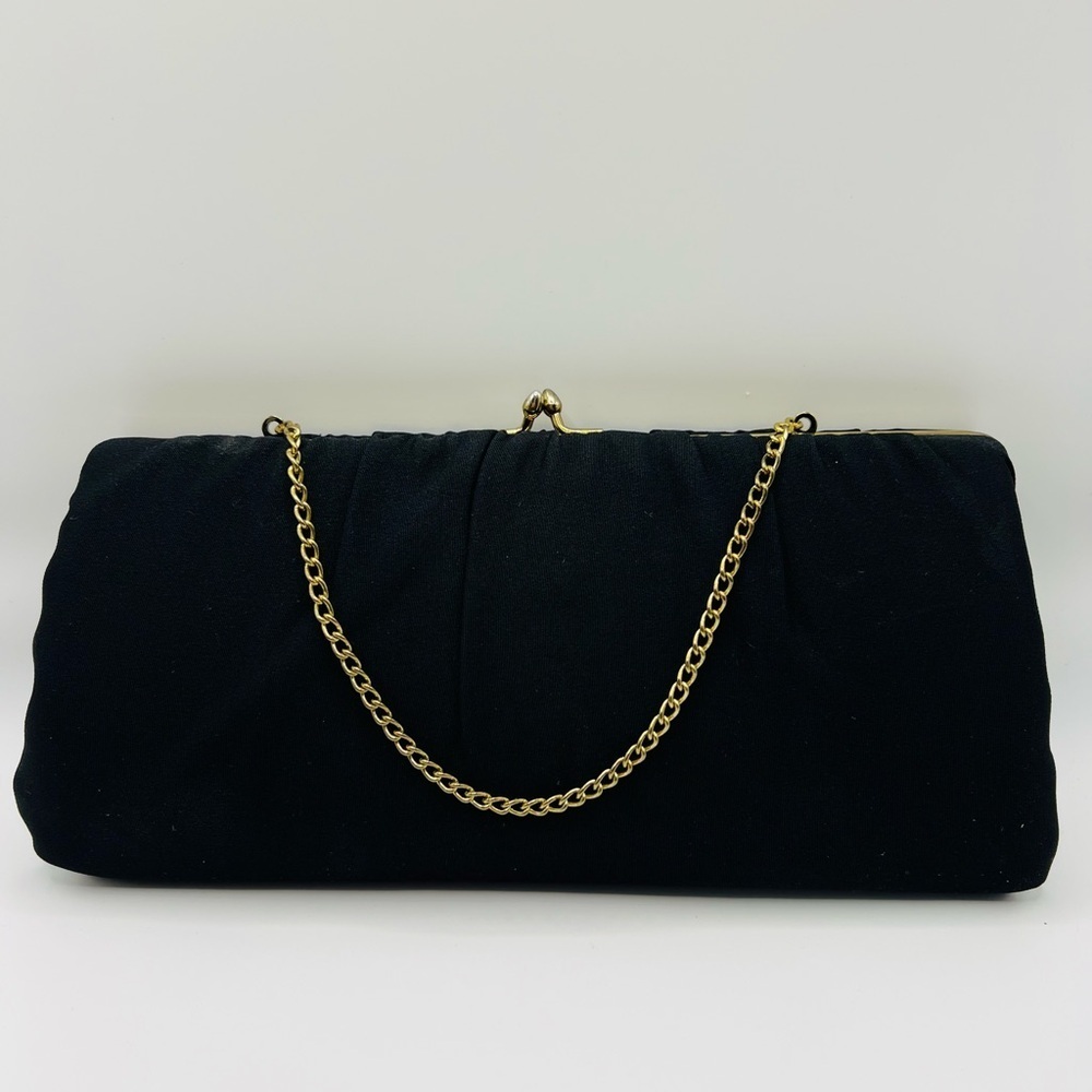 Vintage Black Satin Evening Clutch Purse Gold Frame Chain 1950s–60s